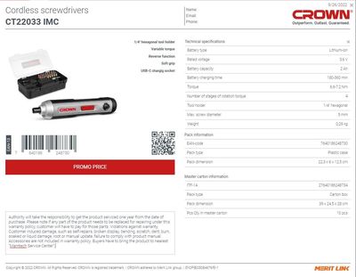 Crown 3.6v, 2Ah Cordless Screwdrivers with 25pcs Bits Set, Model: CT22033_img_5