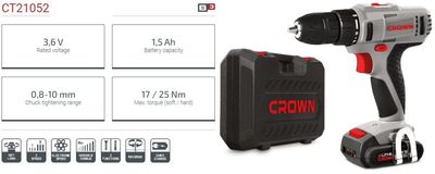 CROWN Professional Cordless Drill/Screwdriver, 12V, 1.5Ah, 10mm, 25N.m; With 2pcs Battery & Charger; Model: CT21052_img_5