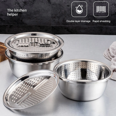 3-in-1 Stainless Steel Vegetable Cutter with Drain Basket Easy Food Prep for Southeast Asian Buyers Grater Basin for Fruits Vegetables_img_8
