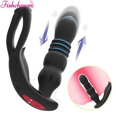 Male Thrusting Prostate Massager Perineum Stimualtor with Penis Ring Delay Ejaculation Anal Butt Plug Sex Toys Silicone Vibrator_img_0
