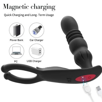 Male Thrusting Prostate Massager Perineum Stimualtor with Penis Ring Delay Ejaculation Anal Butt Plug Sex Toys Silicone Vibrator_img_4