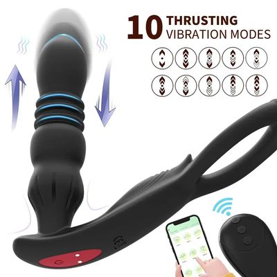 Male Thrusting Prostate Massager Perineum Stimualtor with Penis Ring Delay Ejaculation Anal Butt Plug Sex Toys Silicone Vibrator_img_5