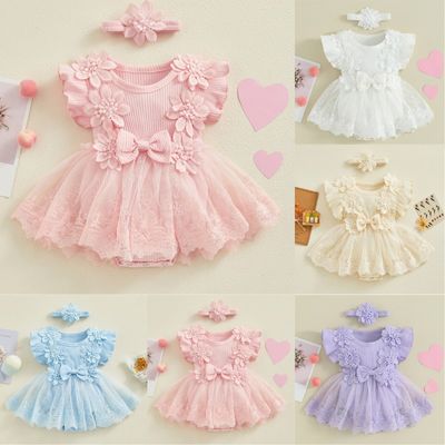 Baby Girl Flower Lace Tulle & 3D Floral Design Romper Dress with Headband (0 to 18 Months)_img_0