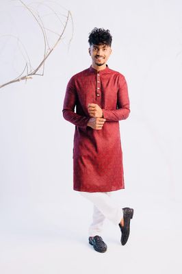 Jacquard Cotton Classic Panjabi for Men-Maroon(PJB-015)_img_2