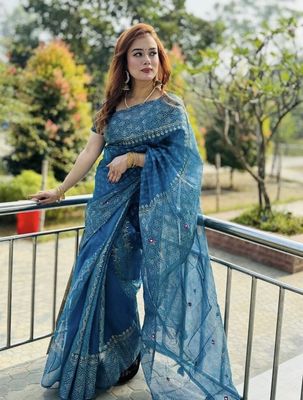 লাইটওয়েট ও আরামদায়ক সেমি মসলিন ব্লক প্রিন্ট শাড়ি_img_5