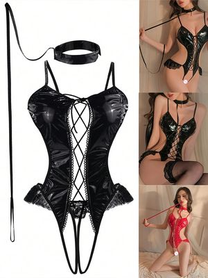 Hot Mesh Sexy Leather Bodysuit Erotic Teddies Dress Exotic Body Lingerie Women Bdsm Bandage PU Outfit Fancy Babydoll Underwear_img_0