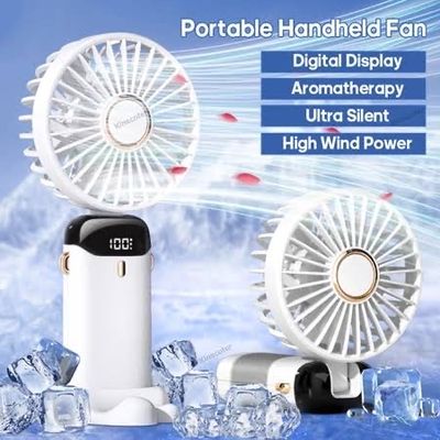 LED Digital Display Rechargeable Stylish Folding Hand Fan With Mobile Stand_img_3