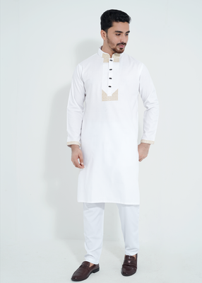 FlexTone Premium Quality Embroidery Panjabi/ Color>White