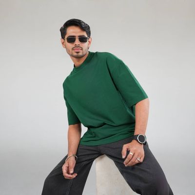 Solid Oversized Drop Shoulder T-shirt - Green_img_3