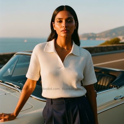 Old Money Women's Polo – Ribbed Cotton Knit | Off White_img_2