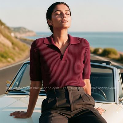 Old Money Women's Polo – Ribbed Cotton Knit | Maroon_img_2