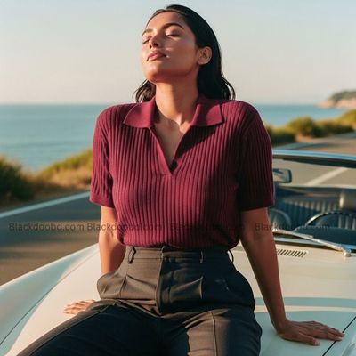 Old Money Women's Polo – Ribbed Cotton Knit | Maroon_img_3