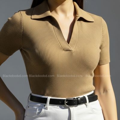 Old Money Women's Polo – Ribbed Cotton Knit | Brown_img_1