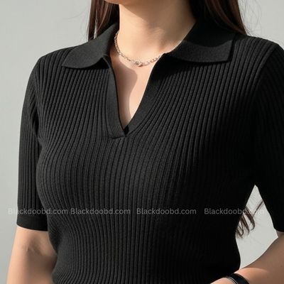 Old Money Women's Polo – Ribbed Cotton Knit | Black_img_1