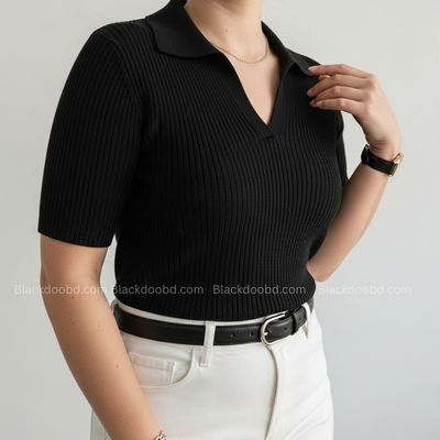 Old Money Women's Polo – Ribbed Cotton Knit | Black_img_2