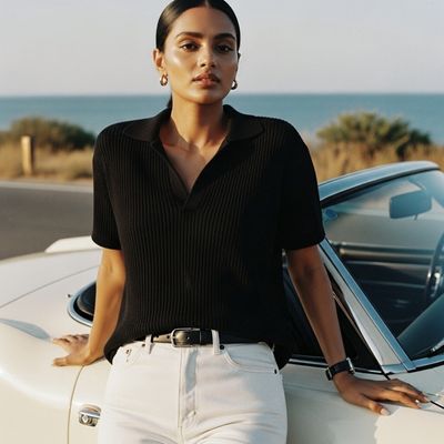 Old Money Women's Polo – Ribbed Cotton Knit | Black_img_3