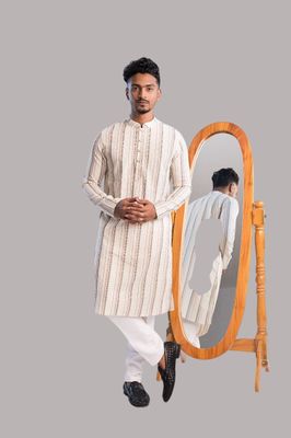 Cotton Classic Panjabi for Men- Off White with Brown Stripe(PJB-001)_img_1