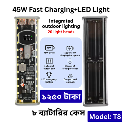 PD 45W Super Fast Charging Transparent Power Bank Case Solderless 8pcs 18650 Battery with LED Light_img_0