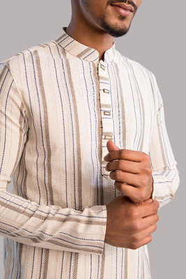 Cotton Classic Panjabi for Men- Off White with Blue Stripe(PJB-002)_img_3