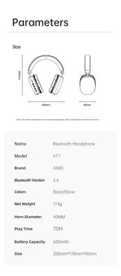 Awei AT 7 Headphone 70 hours Play Time Bluetooth 5.4 Wireless Over The Ear Budget Headphones_img_5