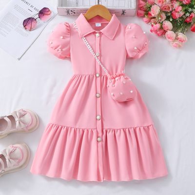 Imported👗 Girls' Pearl Sleeve Dress – Solid Color with Matching Pearl Satchel_img_0