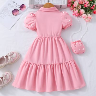 Imported👗 Girls' Pearl Sleeve Dress – Solid Color with Matching Pearl Satchel_img_1