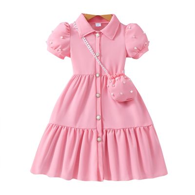 Imported👗 Girls' Pearl Sleeve Dress – Solid Color with Matching Pearl Satchel_img_9