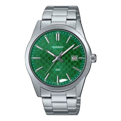 CASIO MEN’S SILVER STAINLESS STEEL WATCH WITH GREEN DIAL | MTP-VD03D-3A1_img_0