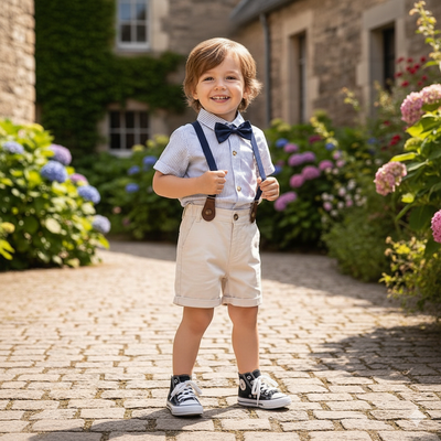 Kids Boys Summer Gentleman Outfit – Bow Tie Shirt & Shorts with Suspenders (6 Months to 5 Years)_img_2