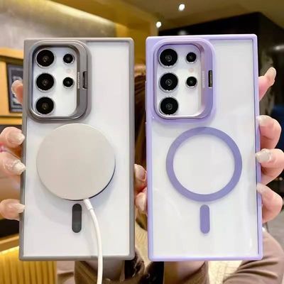 Metal Camera Lens Kickstand Clear Acrylic Magnetic Mobile Cover for Samsung Galaxy S25 S24 S23 S22 Ultra Lens Holder Phone Case_img_4