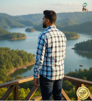 Men Casual Full Shirt Fresh & Modern: Slim Fit Light Blue Check Cotton_img_0