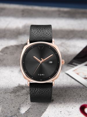TOMI T-044 Men's Quartz Leather Belt Watch With Date (Black-Rosegold)_img_3