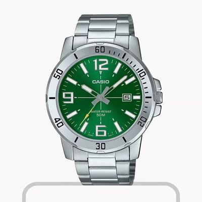 Casio Enticer Green Dial Silver Band Men's Watch- MTP-VD01D-3BV_img_0