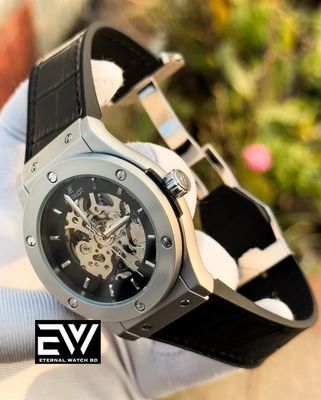 HUBLOT AUTOMATIC BLACK LEATHER TEXTURE BELT SILVER CASE_img_1