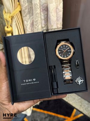 TOMI T-301 Men's Luxury Stainless Steel Watch Gift Box Set (Black-Rosegold)_img_0
