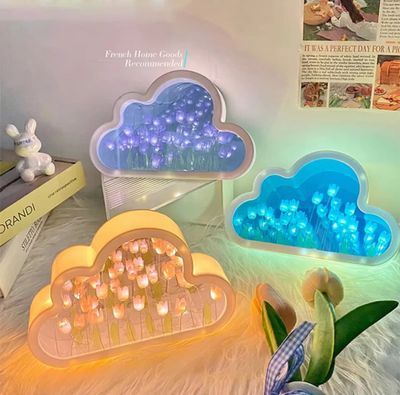 Creative Handmade LED Night Light Mirror DIY Tulip Flower Sea Night Atmosphere Lamp Clouds Tulip Table Lamp Bedroom Desk Lamp Valentine Christmas Birthdays Gifts For Girlfriend Home Decoration Tulip Lamp_img_0