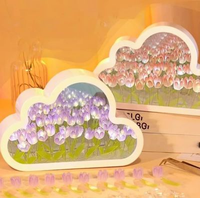 Creative Handmade LED Night Light Mirror DIY Tulip Flower Sea Night Atmosphere Lamp Clouds Tulip Table Lamp Bedroom Desk Lamp Valentine Christmas Birthdays Gifts For Girlfriend Home Decoration Tulip Lamp_img_3