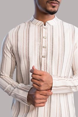 Cotton Classic Panjabi for Men- Off White with Brown Stripe(PJB-001)_img_3