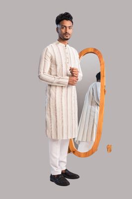 Cotton Classic Panjabi for Men- Off White with Brown Stripe(PJB-001)_img_2