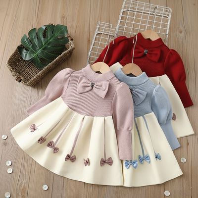 Kids Girls Winter Knit Bow Warm Long Sleeve Party Dress (6 months to 5 years) for ANGEL_img_3