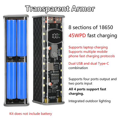 PD 45W Super Fast Charging Transparent Power Bank Case Solderless 8pcs 18650 Battery with LED Light_img_4