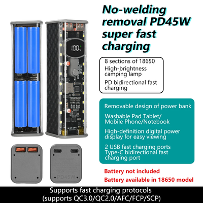 PD 45W Super Fast Charging Transparent Power Bank Case Solderless 8pcs 18650 Battery with LED Light_img_10