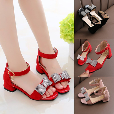 Kids Girls Summer Leather Diamond Bow Princess Flat Heel Sandals (3.5 to 11 years)
