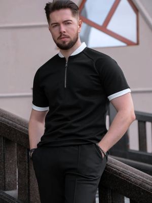 Blackdoo Men’s Mock Neck Zipper Polo | Black_img_2