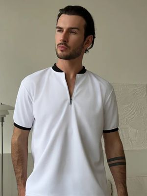 Mock Neck Zipper Polo Shirt | White
