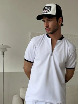 Mock Neck Zipper Polo Shirt | White_img_1