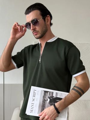 Mock Neck Zipper Polo Shirt | Bottle Green_img_2