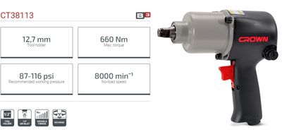 CROWN Professional Pneumatic Impact Wrench, 660N.m, 16mm, 1/2inch, 1/4inch; CT38113_img_2