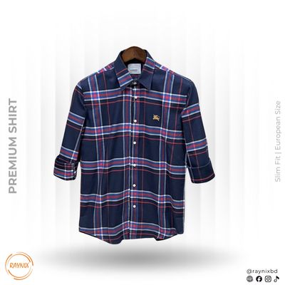 Burberry Men’s Premium Navy & Royal Blue Plaid Slim-Fit Casual Shirt