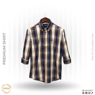 American Eagle Men’s Premium Navy & Tan Plaid Slim-Fit Casual Shirt_img_0